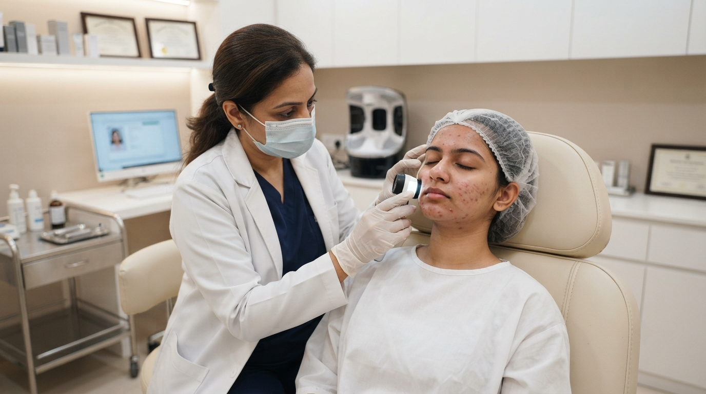 Professional acne skin analysis and consultation at Hair Reborn Clinic