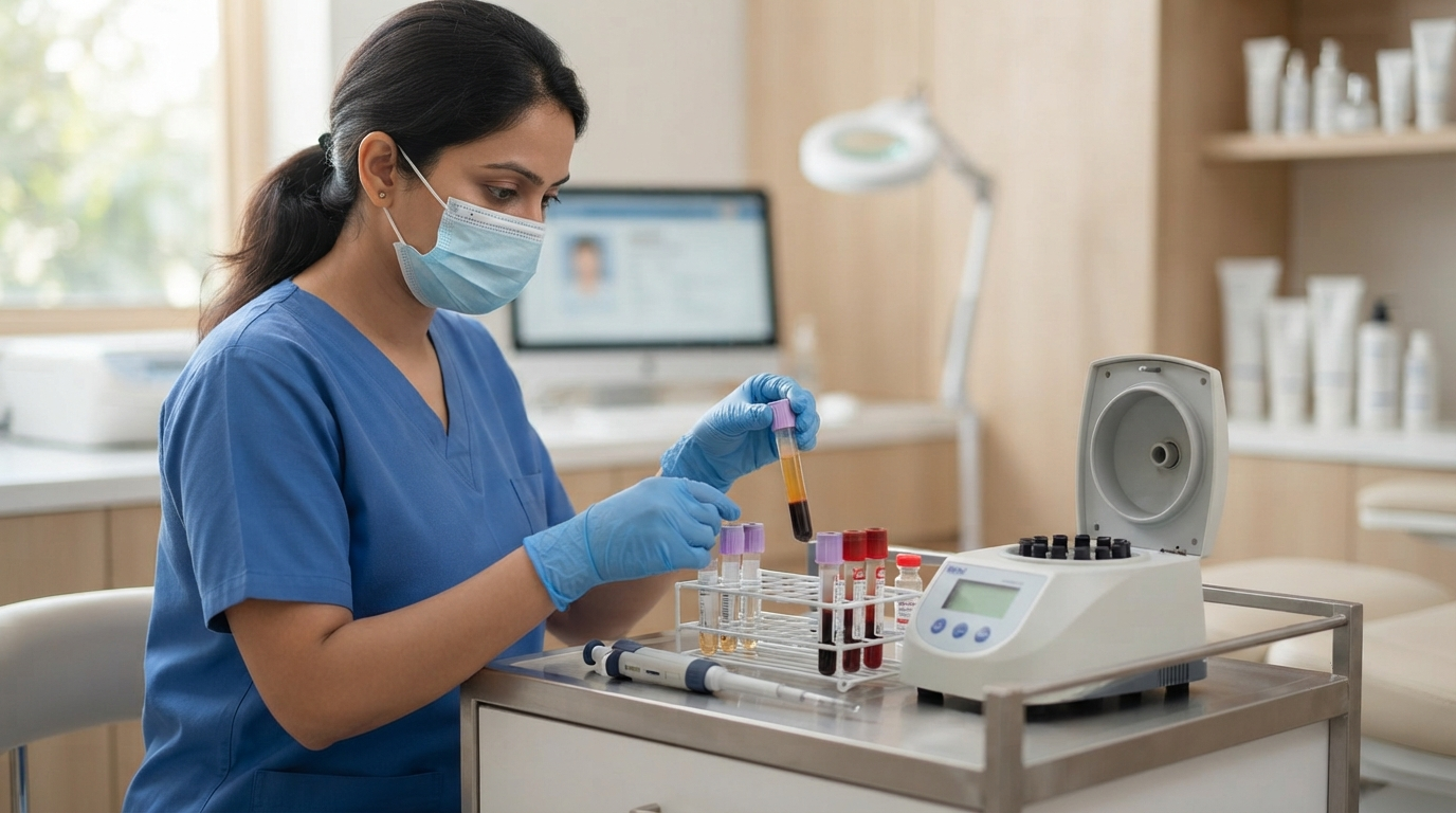 Blood collection and PRP preparation for hair treatment at Hair Reborn Clinic