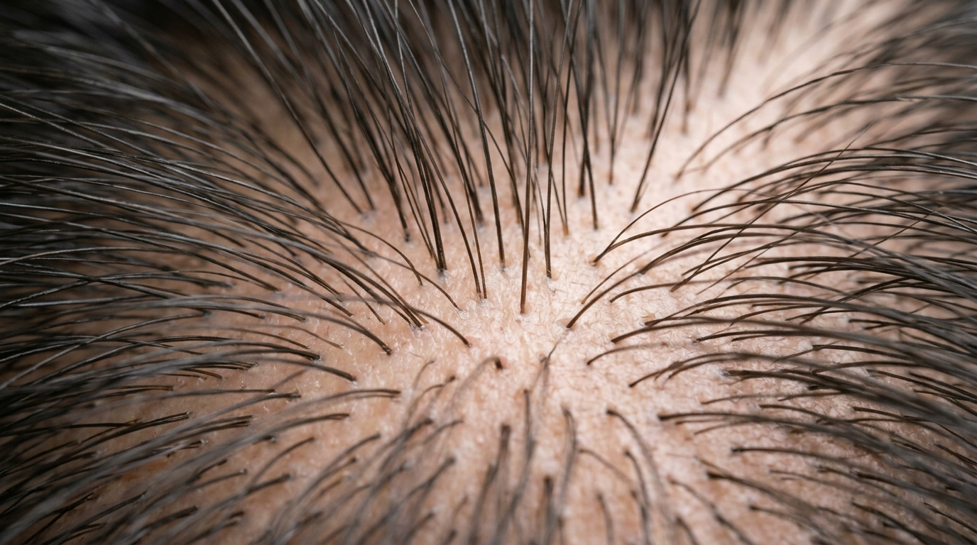 Macro view of a healthy scalp with visible hair follicles and clean parting
