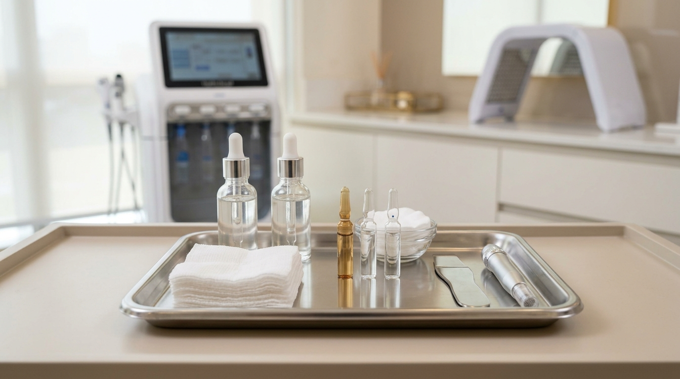 Clinical-grade skincare products and tools used during a medifacial session
