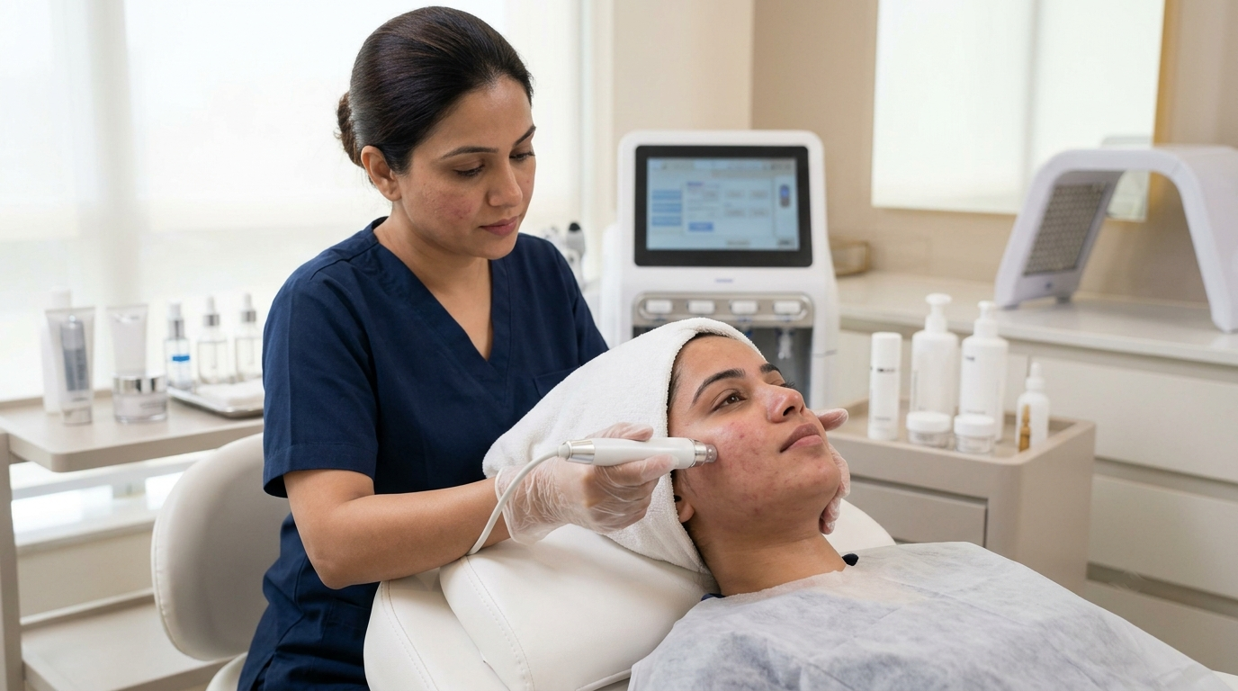 Skin therapist performing a medifacial exfoliation step on a patient in Bhubaneswar