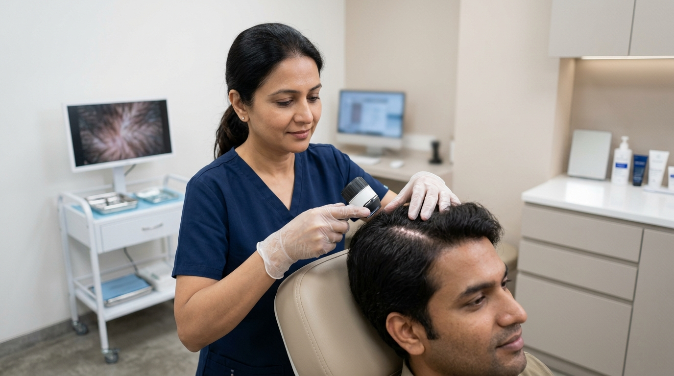 Dermatologist using a scalp scanner or dermatoscope on a patient at a Bhubaneswar clinic