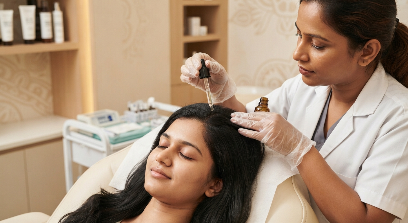 Client relaxing during a scalp consultation at the Hair Reborn Clinic reception area in Bhubaneswar