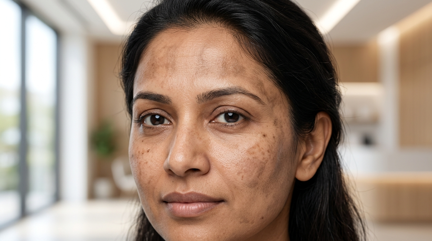 Close-up of facial skin showing different types of pigmentation including melasma and sunspots