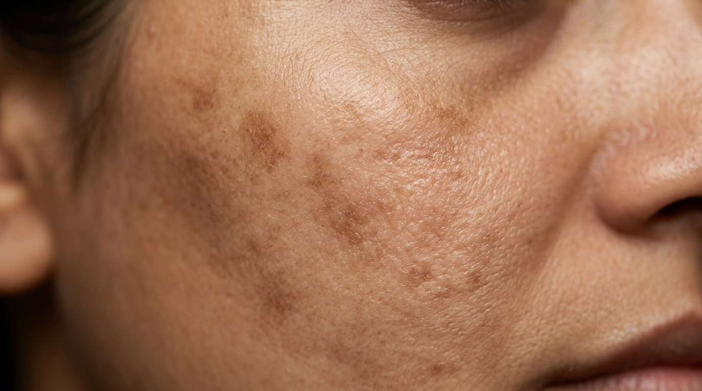 Macro view of skin texture showing uneven tone and hyperpigmentation dark spots