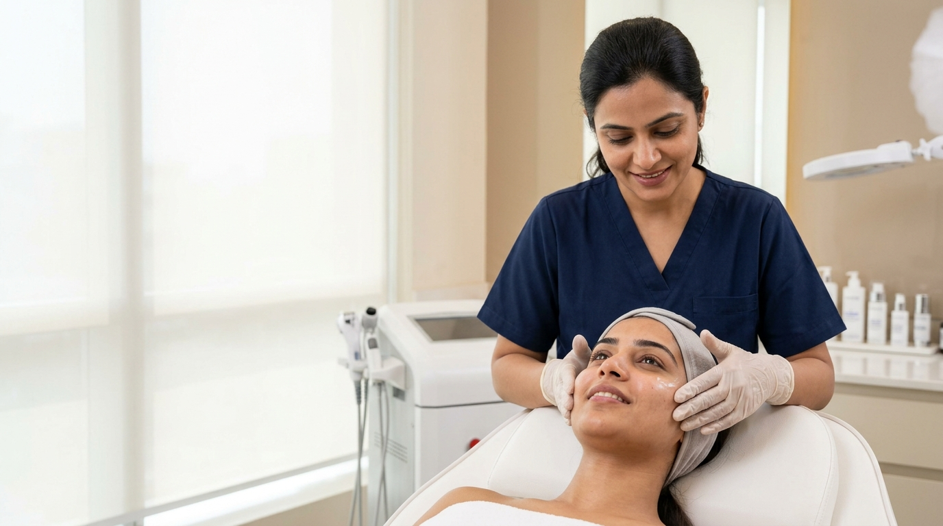 Esthetician applying a serum during a medifacial treatment at Hair Reborn Clinic Bhubaneswar